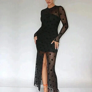 Black Preppy Womens Polka Dot Print Split Thigh Mesh Dress